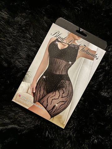 Black Pearl Intimate Black Rhinestone Sheer Lace Bodysuit | Sparkly Cutout Teddy Romper