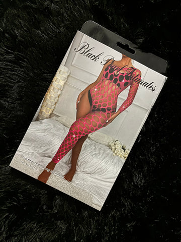 Black Pearl Intimates Hot Pink Rhinestone Fishnet Catsuit