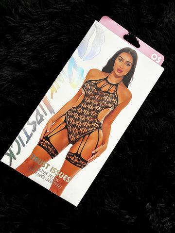 Pink Lipstick Black Trust Issues” Halter Teddy with Leg Garters