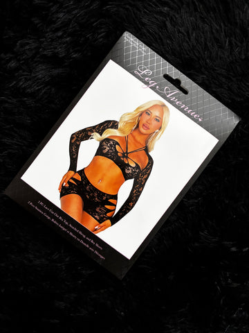 Leg Avenue 2 PC Lace Cut-Out Bra Top with Attached Shrug (long sleeves) + Boy Shorts.