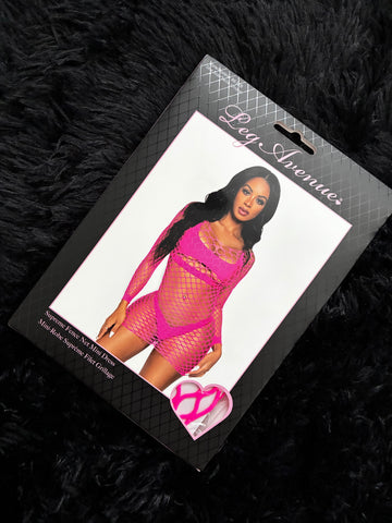 Leg Avenue Supreme Fence Net Long Sleeve Mini Dress Neon Pink